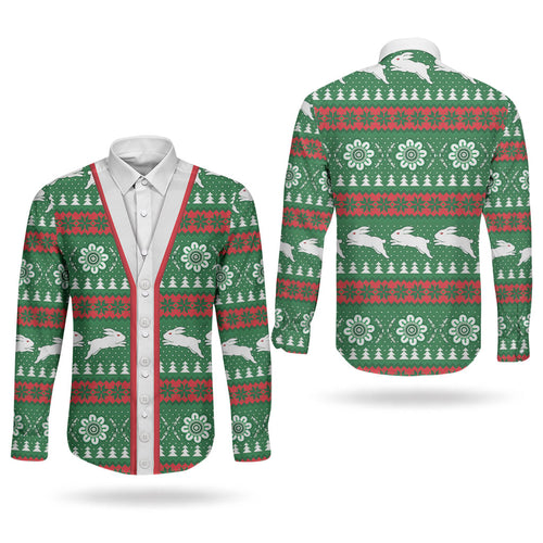 Rabbitohs Rugby Christmas Couples Matching Off Shoulder Maxi Dress and Long Sleeve Button Shirt Aboriginal Seamless Cardigan Inspired