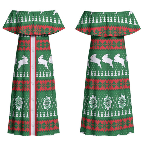 Rabbitohs Rugby Christmas Couples Matching Off Shoulder Maxi Dress and Long Sleeve Button Shirt Aboriginal Seamless Cardigan Inspired