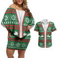 Rabbitohs Rugby Christmas Couples Matching Off Shoulder Short Dress and Hawaiian Shirt Aboriginal Seamless Cardigan Inspired