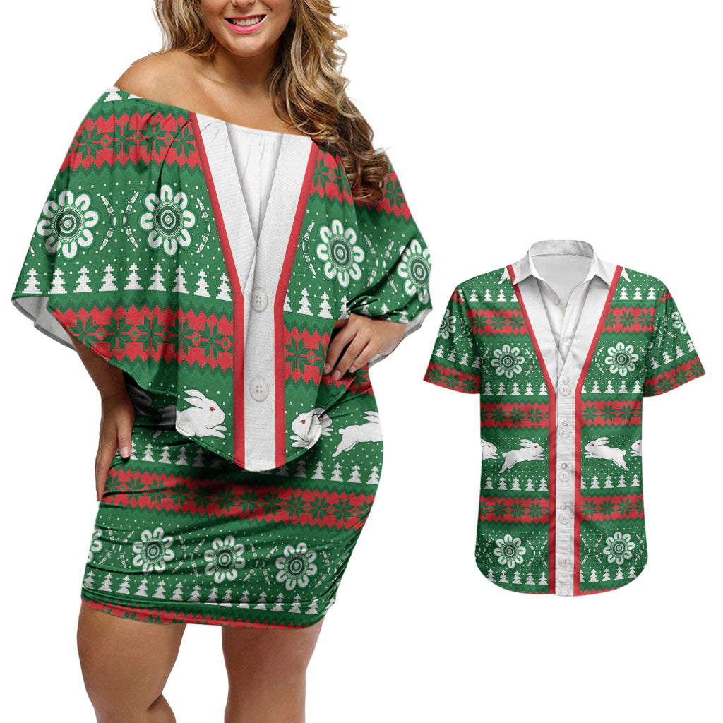 Rabbitohs Rugby Christmas Couples Matching Off Shoulder Short Dress and Hawaiian Shirt Aboriginal Seamless Cardigan Inspired