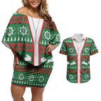 Rabbitohs Rugby Christmas Couples Matching Off Shoulder Short Dress and Hawaiian Shirt Aboriginal Seamless Cardigan Inspired