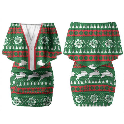 Rabbitohs Rugby Christmas Couples Matching Off Shoulder Short Dress and Hawaiian Shirt Aboriginal Seamless Cardigan Inspired