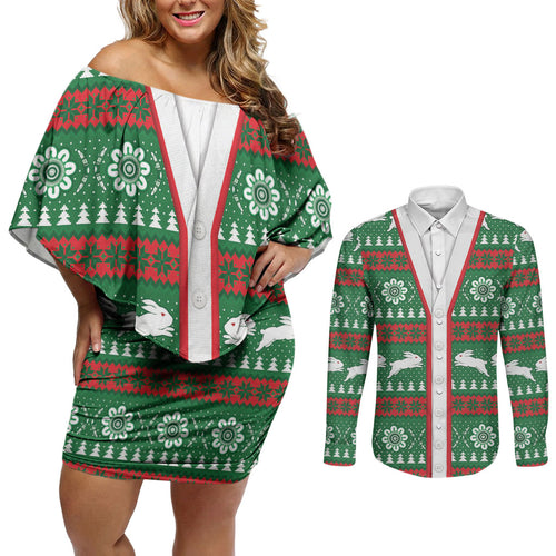 Rabbitohs Rugby Christmas Couples Matching Off Shoulder Short Dress and Long Sleeve Button Shirt Aboriginal Seamless Cardigan Inspired