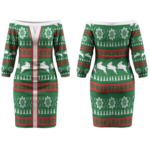 Rabbitohs Rugby Christmas Couples Matching Off The Shoulder Long Sleeve Dress and Long Sleeve Button Shirt Aboriginal Seamless Cardigan Inspired