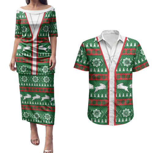 Rabbitohs Rugby Christmas Couples Matching Puletasi and Hawaiian Shirt Aboriginal Seamless Cardigan Inspired