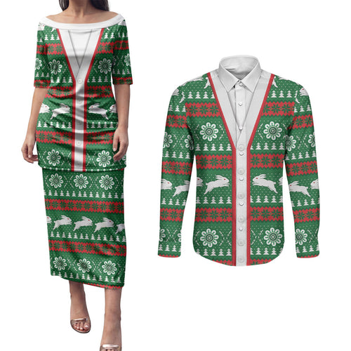 Rabbitohs Rugby Christmas Couples Matching Puletasi and Long Sleeve Button Shirt Aboriginal Seamless Cardigan Inspired