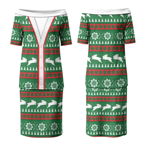 Rabbitohs Rugby Christmas Couples Matching Puletasi and Long Sleeve Button Shirt Aboriginal Seamless Cardigan Inspired