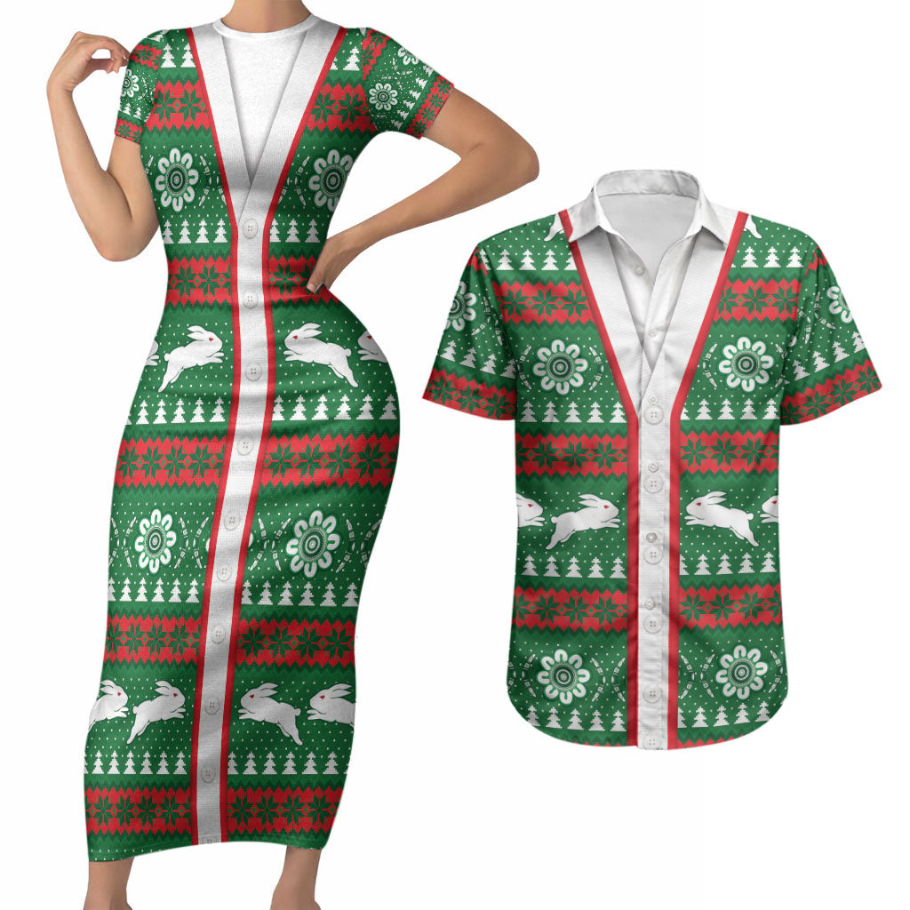 Rabbitohs Rugby Christmas Couples Matching Short Sleeve Bodycon Dress and Hawaiian Shirt Aboriginal Seamless Cardigan Inspired