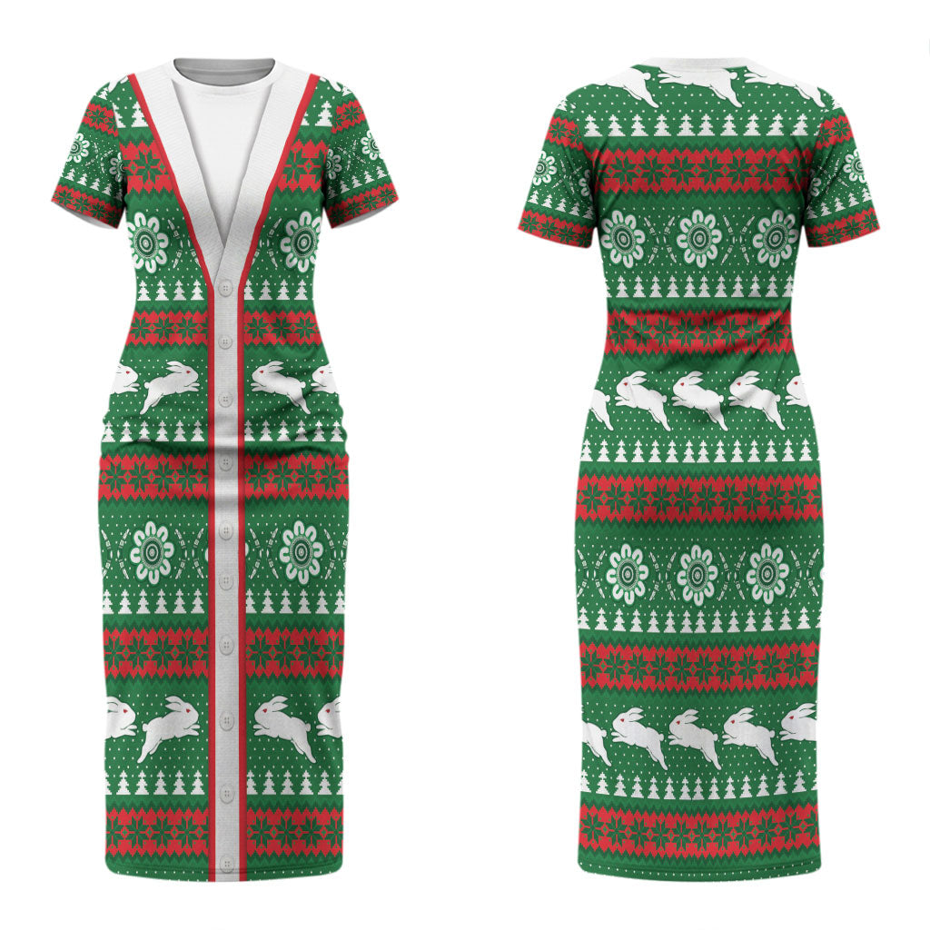 Rabbitohs Rugby Christmas Couples Matching Short Sleeve Bodycon Dress and Hawaiian Shirt Aboriginal Seamless Cardigan Inspired