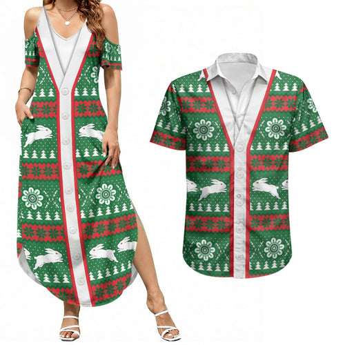 Rabbitohs Rugby Christmas Couples Matching Summer Maxi Dress and Hawaiian Shirt Aboriginal Seamless Cardigan Inspired