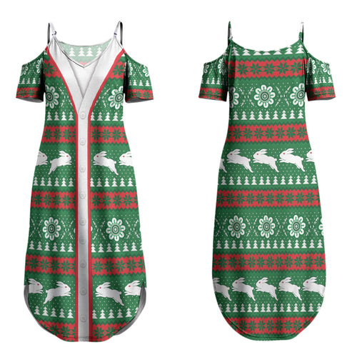 Rabbitohs Rugby Christmas Couples Matching Summer Maxi Dress and Hawaiian Shirt Aboriginal Seamless Cardigan Inspired