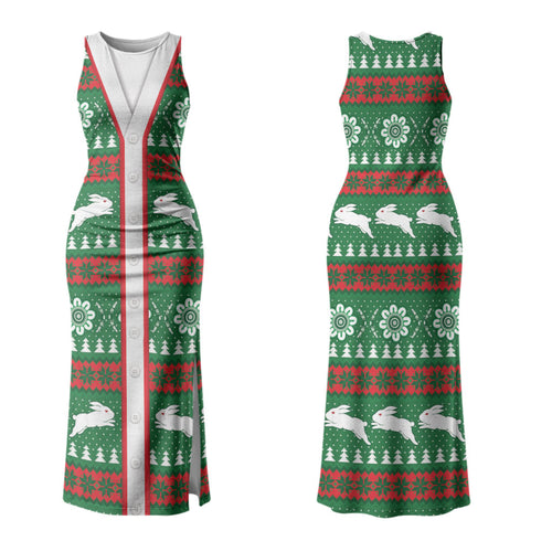 Rabbitohs Rugby Christmas Couples Matching Tank Maxi Dress and Long Sleeve Button Shirt Aboriginal Seamless Cardigan Inspired