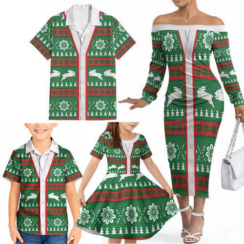 Rabbitohs Rugby Christmas Family Matching Off The Shoulder Long Sleeve Dress and Hawaiian Shirt Aboriginal Seamless Cardigan Inspired