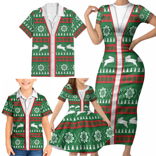 Rabbitohs Rugby Christmas Family Matching Short Sleeve Bodycon Dress and Hawaiian Shirt Aboriginal Seamless Cardigan Inspired