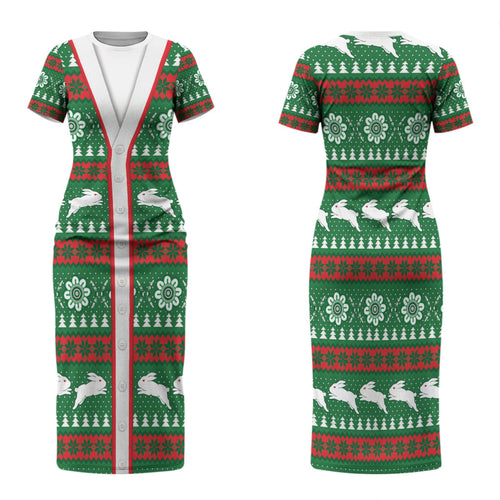 Rabbitohs Rugby Christmas Family Matching Short Sleeve Bodycon Dress and Hawaiian Shirt Aboriginal Seamless Cardigan Inspired