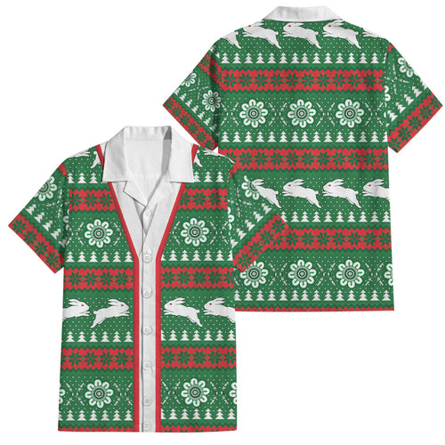 Rabbitohs Rugby Christmas Family Matching Short Sleeve Bodycon Dress and Hawaiian Shirt Aboriginal Seamless Cardigan Inspired