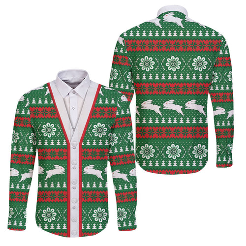 Rabbitohs Rugby Christmas Family Matching Short Sleeve Bodycon Dress and Hawaiian Shirt Aboriginal Seamless Cardigan Inspired