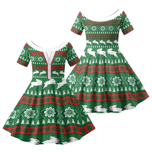 Rabbitohs Rugby Christmas Family Matching Short Sleeve Bodycon Dress and Hawaiian Shirt Aboriginal Seamless Cardigan Inspired