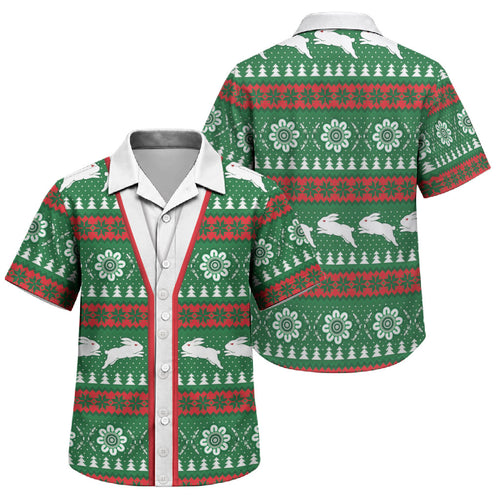 Rabbitohs Rugby Christmas Family Matching Short Sleeve Bodycon Dress and Hawaiian Shirt Aboriginal Seamless Cardigan Inspired