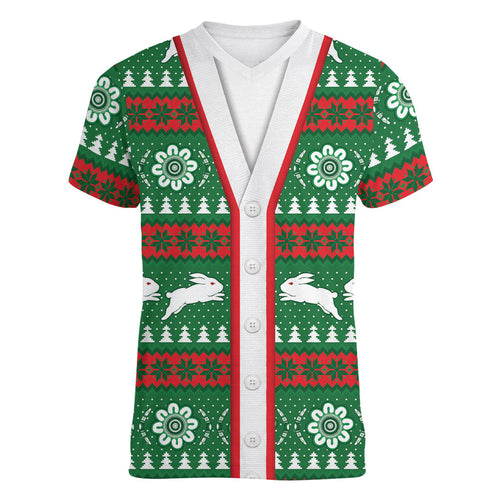 Rabbitohs Rugby Christmas Women V-Neck T-Shirt Aboriginal Seamless Cardigan Inspired