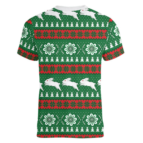 Rabbitohs Rugby Christmas Women V-Neck T-Shirt Aboriginal Seamless Cardigan Inspired