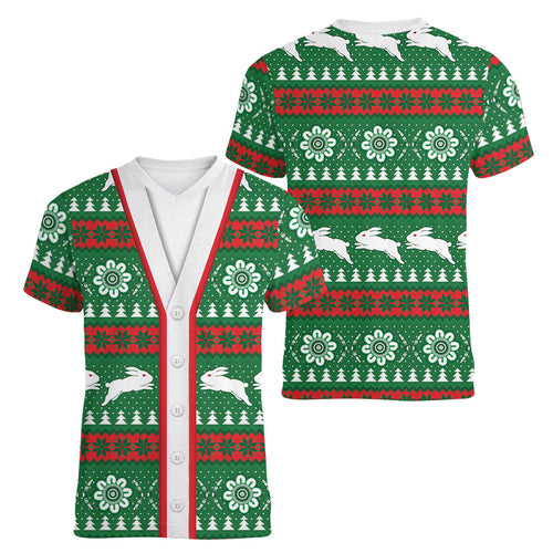 Rabbitohs Rugby Christmas Women V-Neck T-Shirt Aboriginal Seamless Cardigan Inspired
