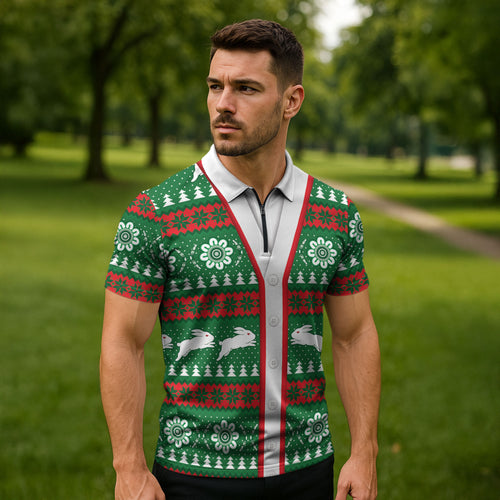 Rabbitohs Rugby Christmas Zipper Polo Shirt Aboriginal Seamless Cardigan Inspired