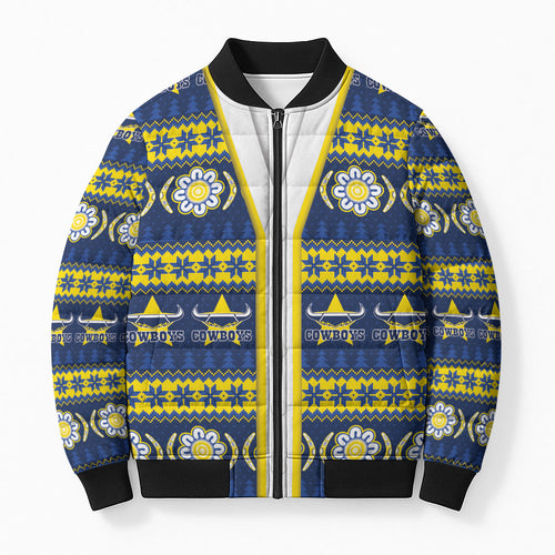 Cowboys Rugby Christmas Bomber Puffer Jacket Aboriginal Seamless Cardigan Inspired
