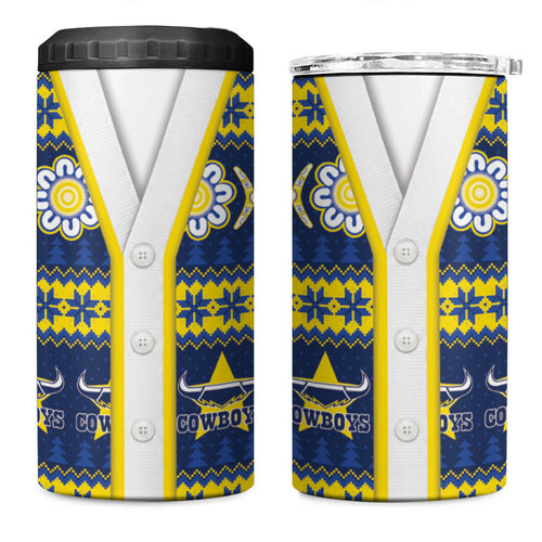 Cowboys Rugby Christmas 4 in 1 Can Cooler Tumbler Aboriginal Seamless Cardigan Inspired
