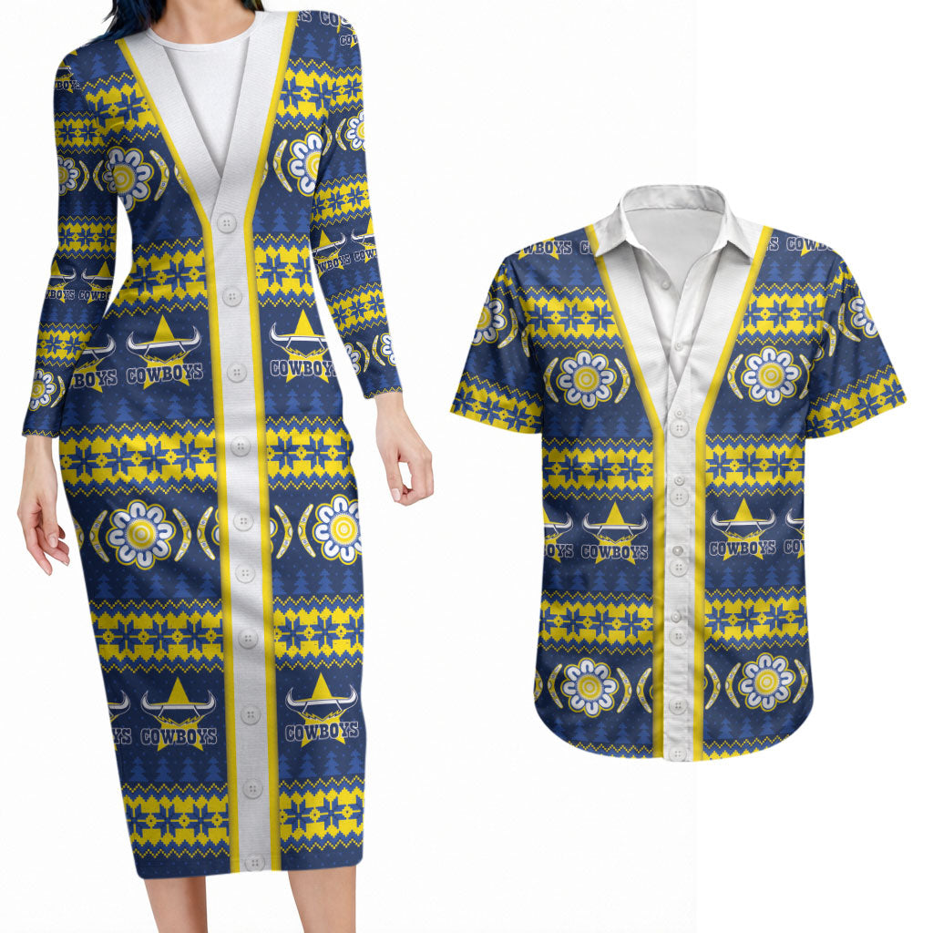 Cowboys Rugby Christmas Couples Matching Long Sleeve Bodycon Dress and Hawaiian Shirt Aboriginal Seamless Cardigan Inspired