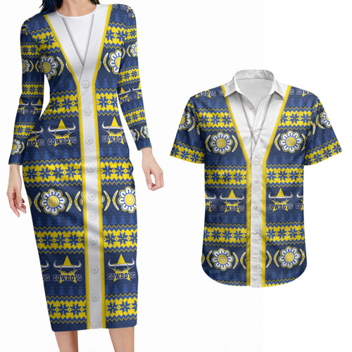 Cowboys Rugby Christmas Couples Matching Long Sleeve Bodycon Dress and Hawaiian Shirt Aboriginal Seamless Cardigan Inspired