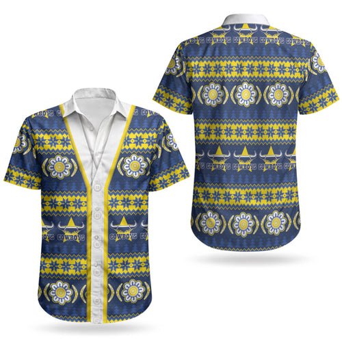 Cowboys Rugby Christmas Couples Matching Long Sleeve Bodycon Dress and Hawaiian Shirt Aboriginal Seamless Cardigan Inspired