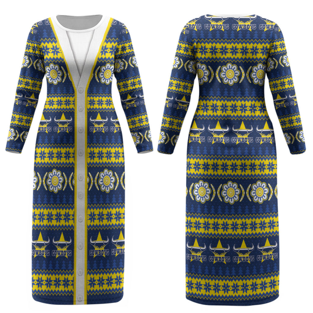 Cowboys Rugby Christmas Couples Matching Long Sleeve Bodycon Dress and Hawaiian Shirt Aboriginal Seamless Cardigan Inspired