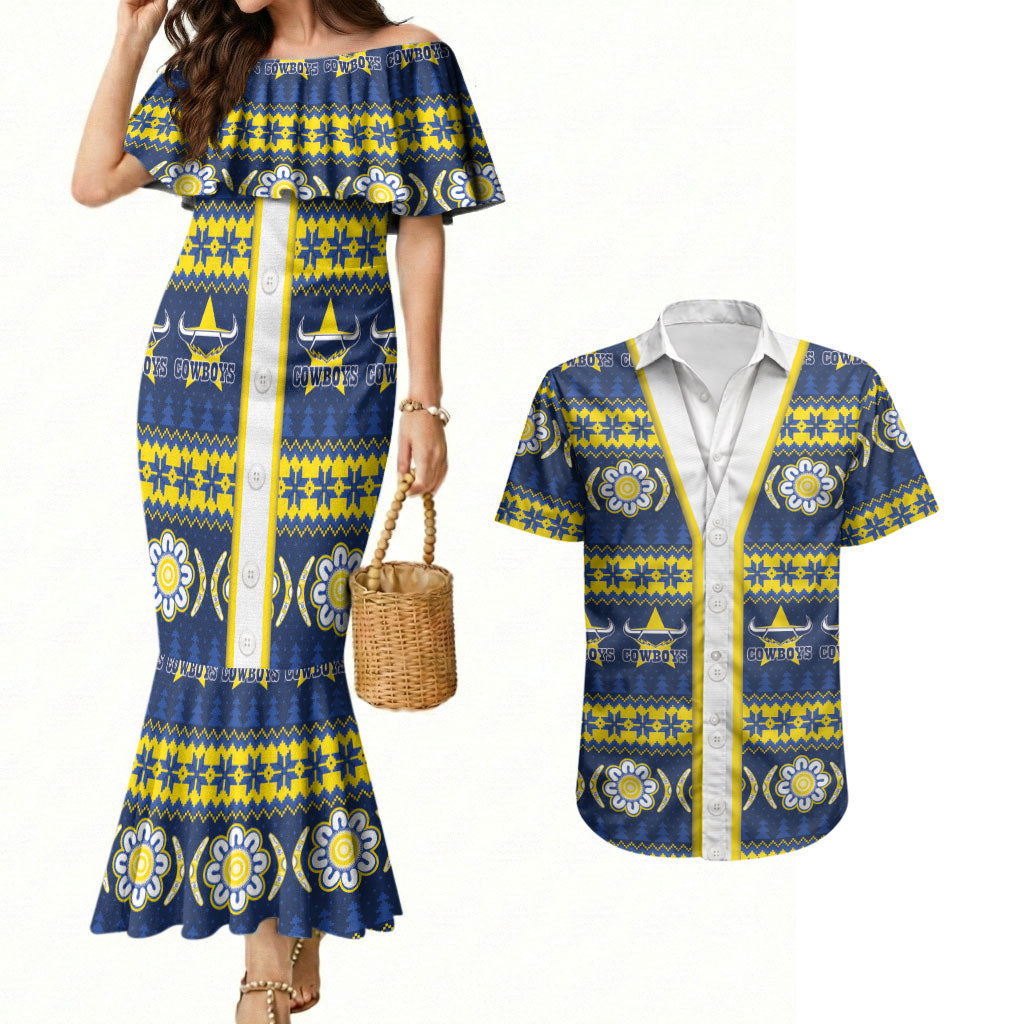 Cowboys Rugby Christmas Couples Matching Mermaid Dress and Hawaiian Shirt Aboriginal Seamless Cardigan Inspired