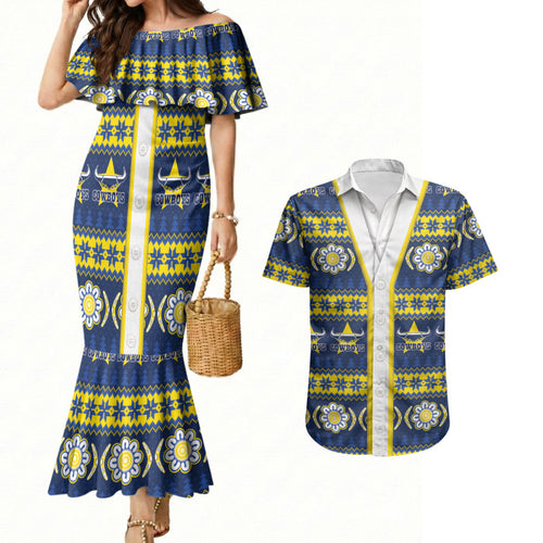 Cowboys Rugby Christmas Couples Matching Mermaid Dress and Hawaiian Shirt Aboriginal Seamless Cardigan Inspired