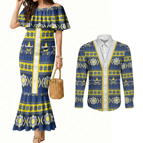 Cowboys Rugby Christmas Couples Matching Mermaid Dress and Long Sleeve Button Shirt Aboriginal Seamless Cardigan Inspired