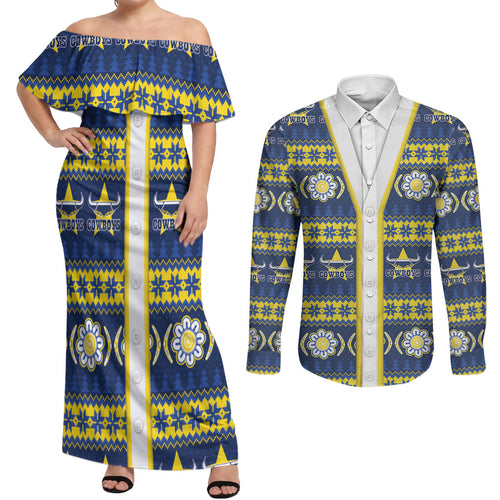 Cowboys Rugby Christmas Couples Matching Off Shoulder Maxi Dress and Long Sleeve Button Shirt Aboriginal Seamless Cardigan Inspired