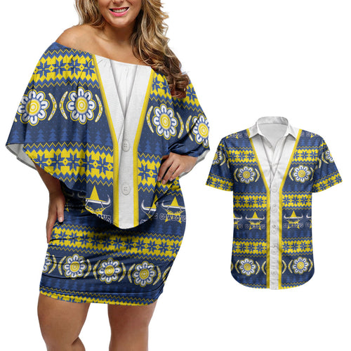 Cowboys Rugby Christmas Couples Matching Off Shoulder Short Dress and Hawaiian Shirt Aboriginal Seamless Cardigan Inspired