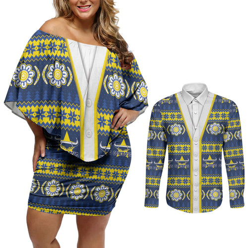 Cowboys Rugby Christmas Couples Matching Off Shoulder Short Dress and Long Sleeve Button Shirt Aboriginal Seamless Cardigan Inspired
