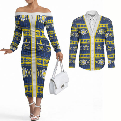 Cowboys Rugby Christmas Couples Matching Off The Shoulder Long Sleeve Dress and Long Sleeve Button Shirt Aboriginal Seamless Cardigan Inspired