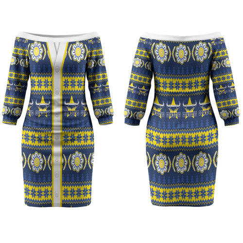 Cowboys Rugby Christmas Couples Matching Off The Shoulder Long Sleeve Dress and Long Sleeve Button Shirt Aboriginal Seamless Cardigan Inspired