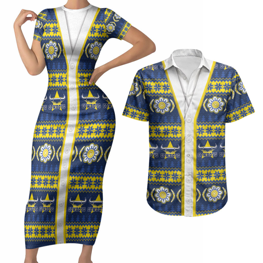 Cowboys Rugby Christmas Couples Matching Short Sleeve Bodycon Dress and Hawaiian Shirt Aboriginal Seamless Cardigan Inspired