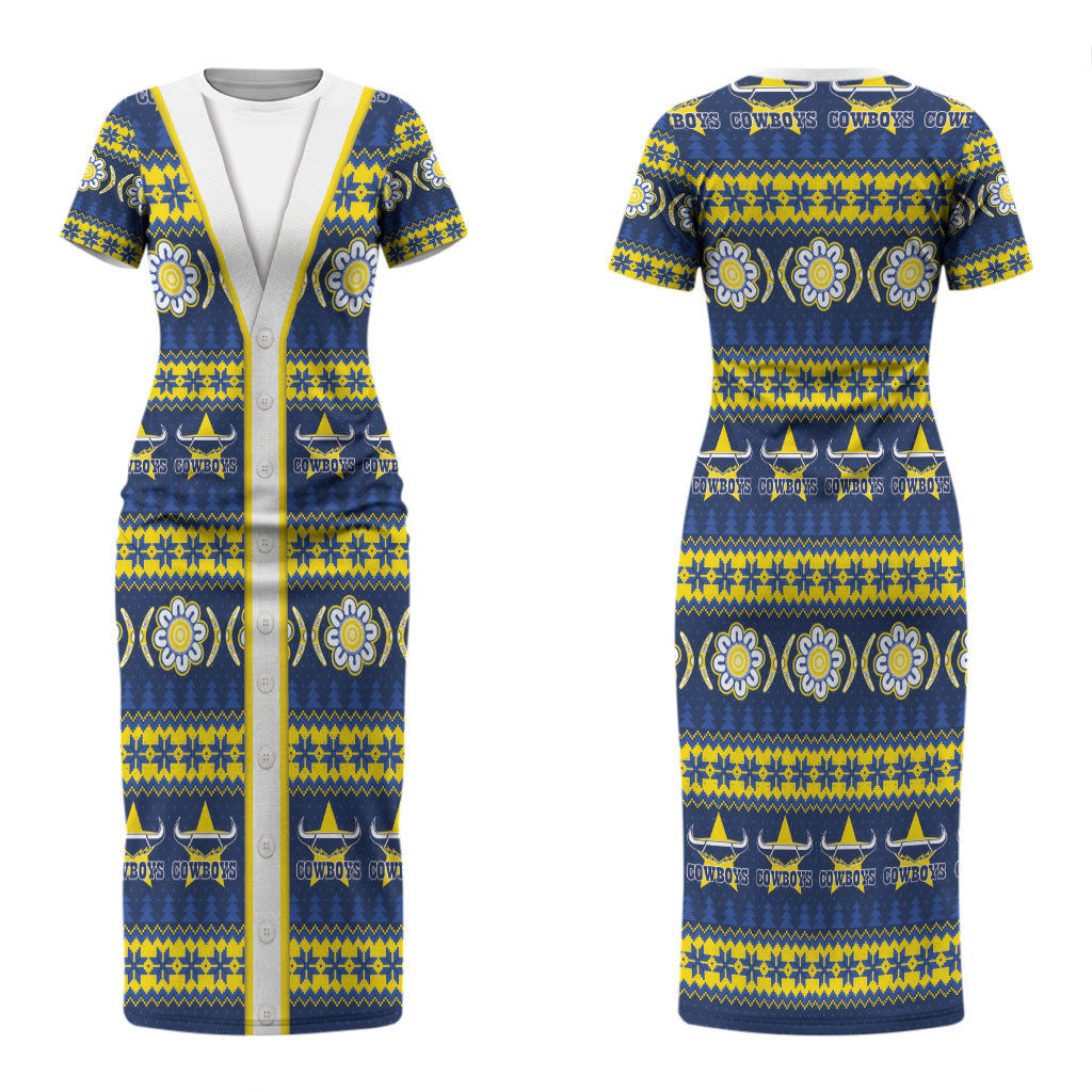 Cowboys Rugby Christmas Couples Matching Short Sleeve Bodycon Dress and Hawaiian Shirt Aboriginal Seamless Cardigan Inspired