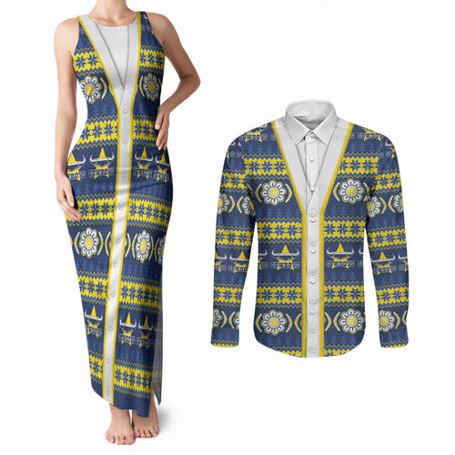 Cowboys Rugby Christmas Couples Matching Tank Maxi Dress and Long Sleeve Button Shirt Aboriginal Seamless Cardigan Inspired