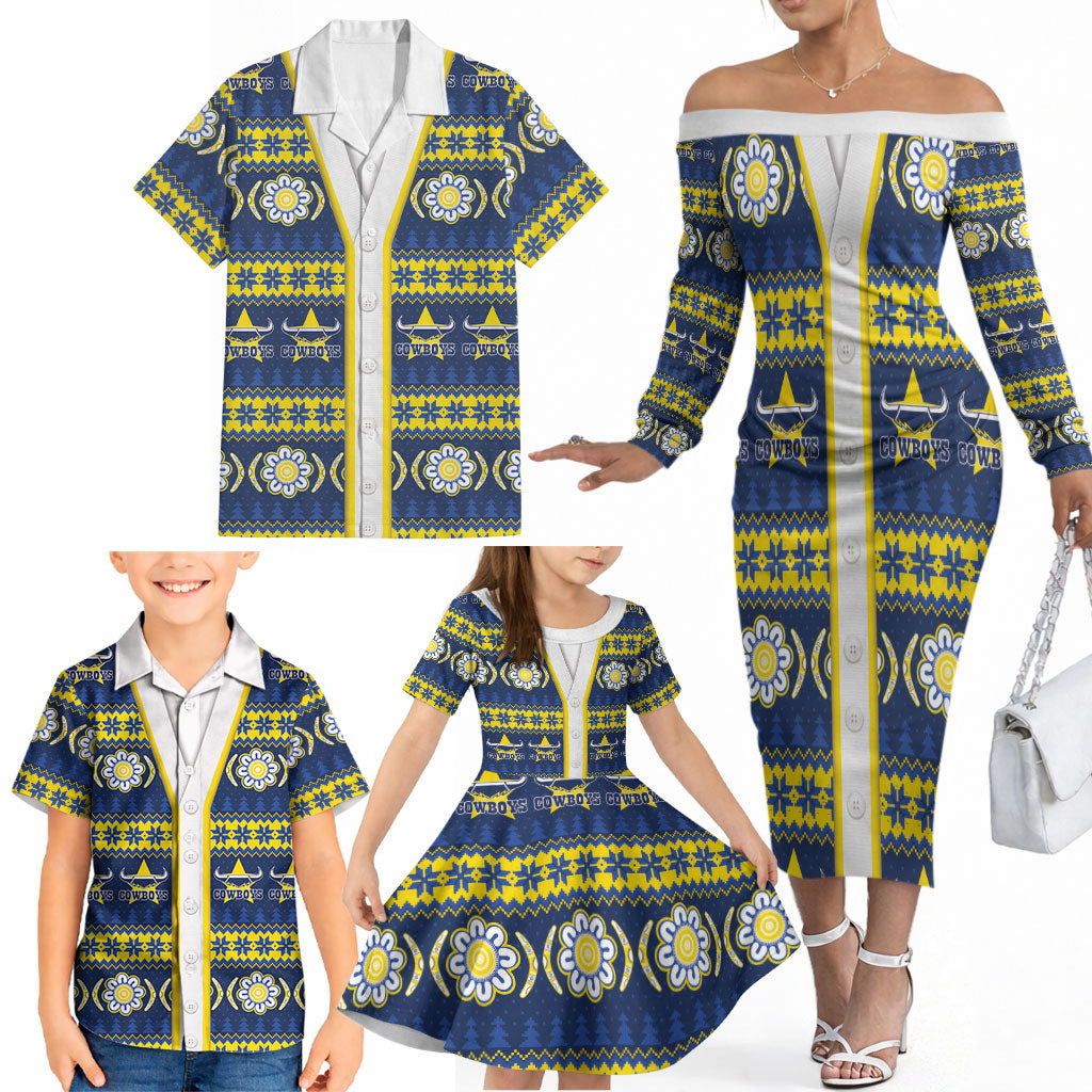 Cowboys Rugby Christmas Family Matching Off The Shoulder Long Sleeve Dress and Hawaiian Shirt Aboriginal Seamless Cardigan Inspired