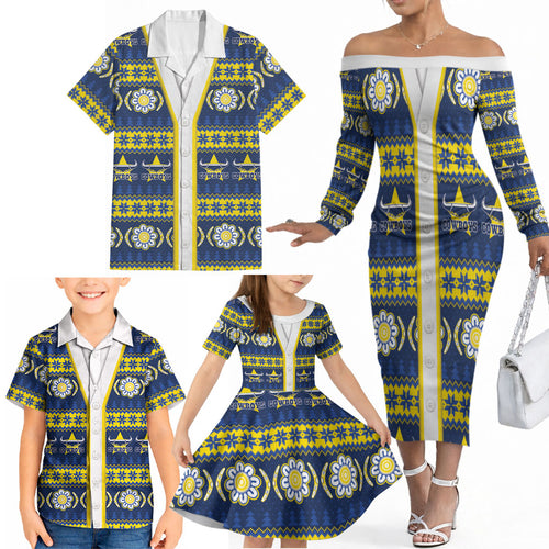 Cowboys Rugby Christmas Family Matching Off The Shoulder Long Sleeve Dress and Hawaiian Shirt Aboriginal Seamless Cardigan Inspired