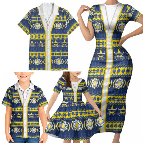 Cowboys Rugby Christmas Family Matching Short Sleeve Bodycon Dress and Hawaiian Shirt Aboriginal Seamless Cardigan Inspired