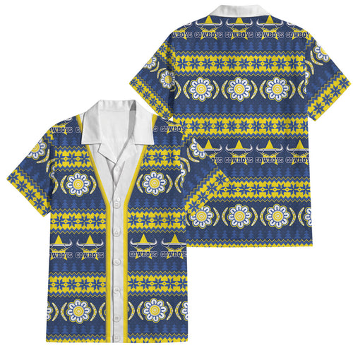 Cowboys Rugby Christmas Family Matching Short Sleeve Bodycon Dress and Hawaiian Shirt Aboriginal Seamless Cardigan Inspired