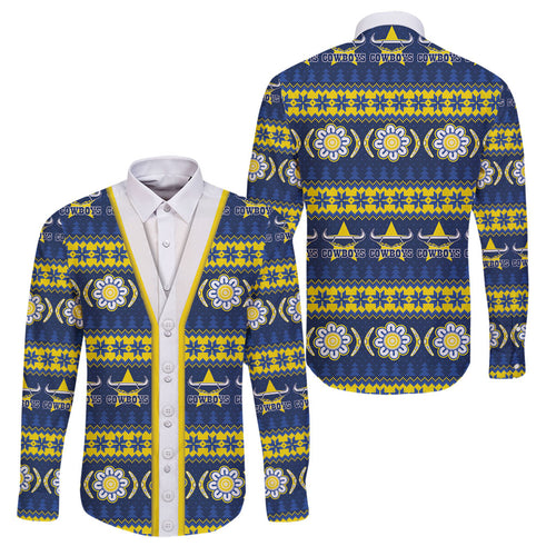 Cowboys Rugby Christmas Family Matching Short Sleeve Bodycon Dress and Hawaiian Shirt Aboriginal Seamless Cardigan Inspired