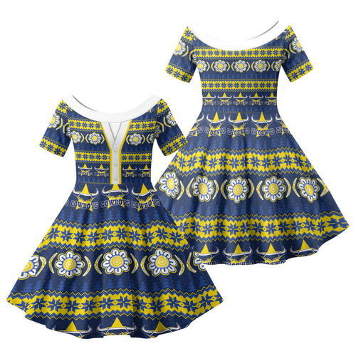 Cowboys Rugby Christmas Family Matching Short Sleeve Bodycon Dress and Hawaiian Shirt Aboriginal Seamless Cardigan Inspired